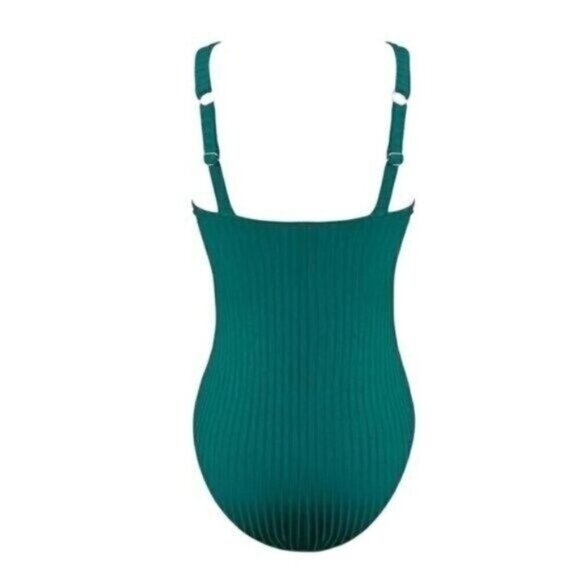 CUPSHE Women One Piece Swimsuit Large Green Ribbed Front Keyhole High Neck Cheek - Picture 6 of 8